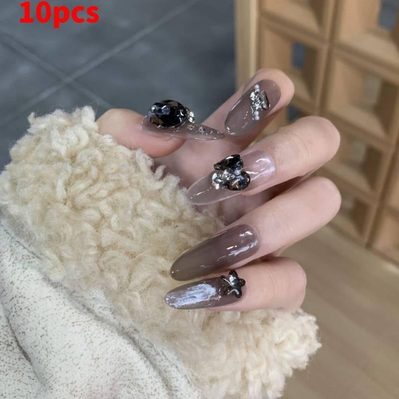 

Trendy Handmade Nail Art Long Oval Black Night Girl Nail Art Dark Butterfly Gold Foil Set XS