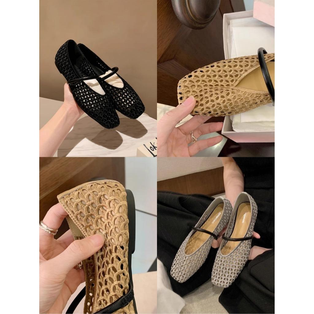 Sheepskin version~ Square head hollow knitting one-word belt versatile soft surface shallow mouth single shoes women