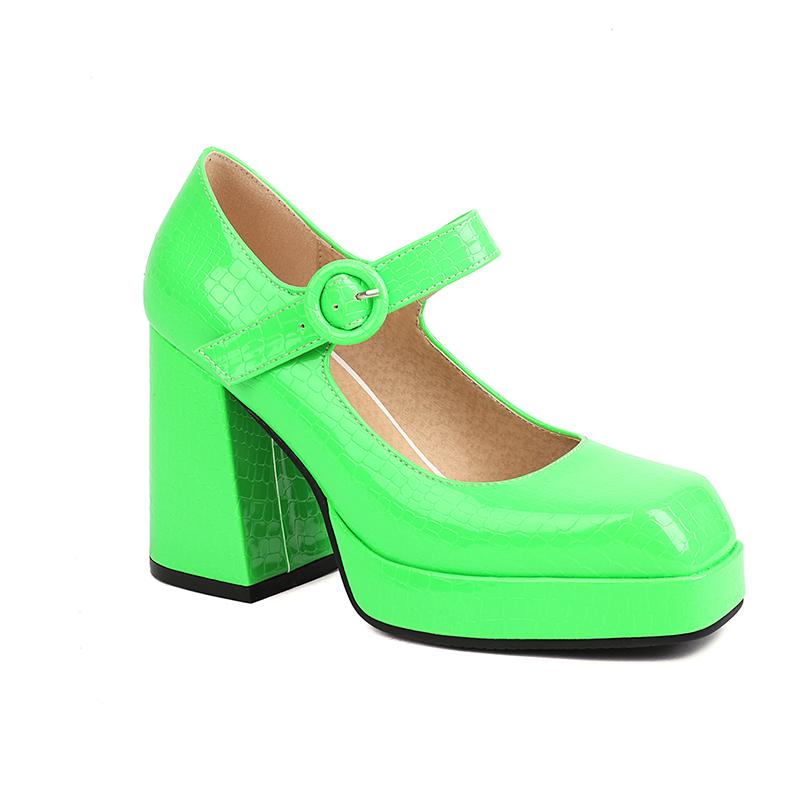 Plus Size Gingham Glossy Patent Leather Material Shallow Round Buckle Women's Pumps Square Toe Platform Thick Heel High Heels