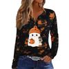 Women's Casual Halloween Print V-Neck Long Sleeve T-Shirt with Decorative Buttons