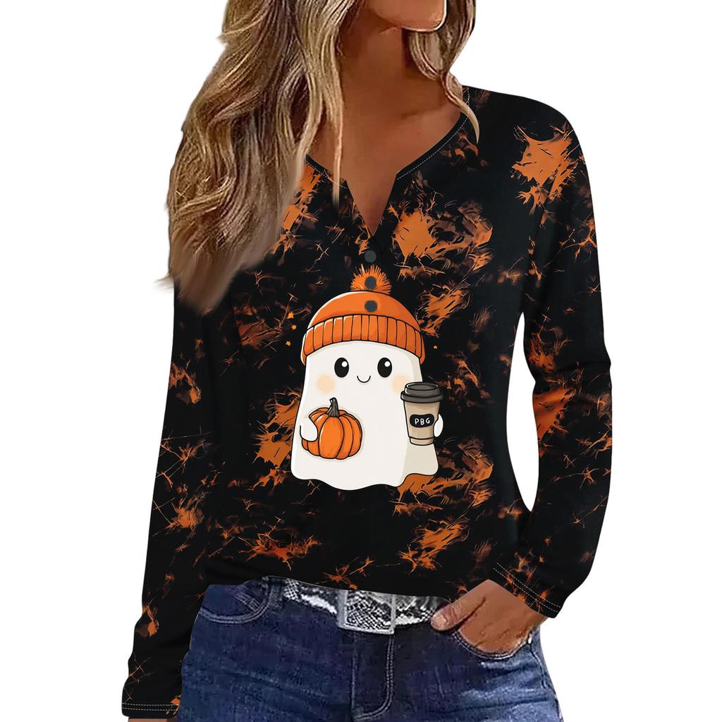 Women's Casual Halloween Print V-Neck Long Sleeve T-Shirt with Decorative Buttons