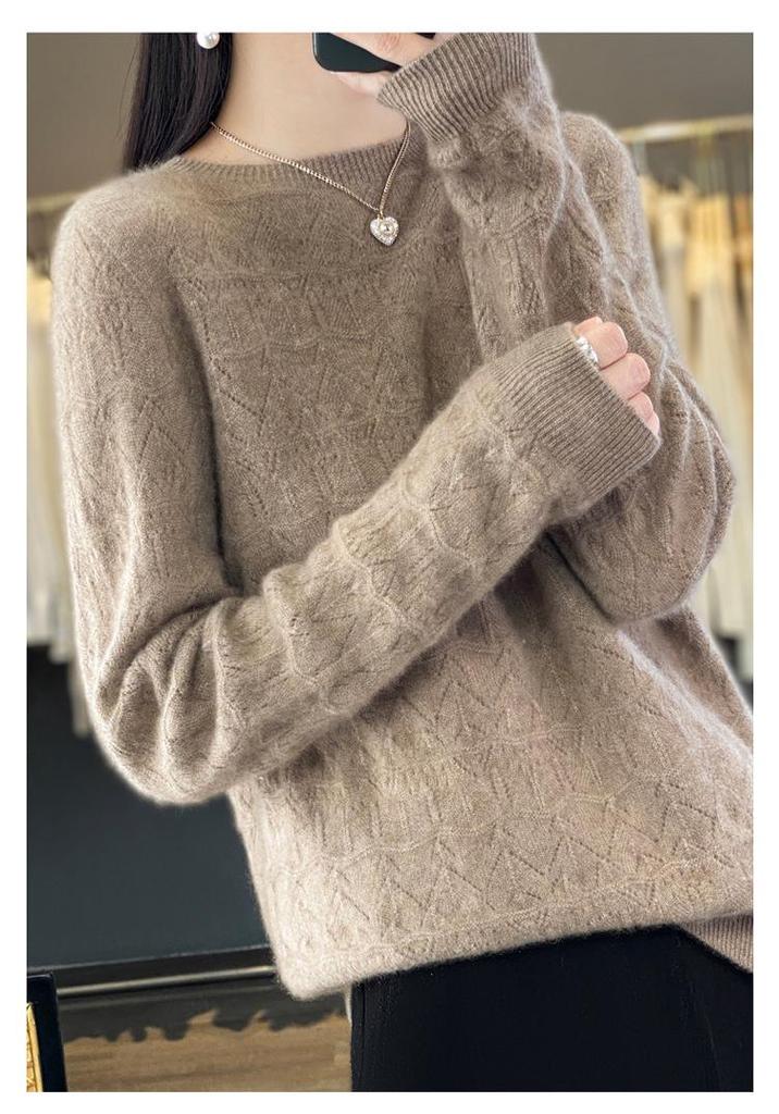 Women's Hollowed-Out Wool Round Neck Sweater - New Style, Loose Fit, Versatile Pullover for Spring and Autumn
