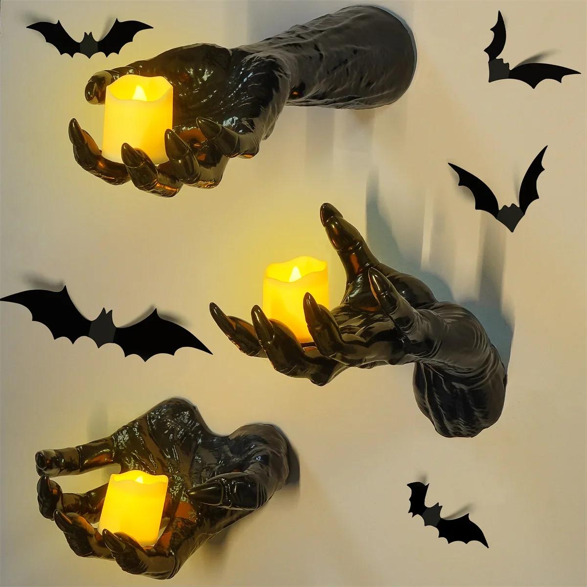 

3Pcs Wall Mounted Creepy Ghost Hands with Tea Lights Candles, Spooky Goth Decor Black Horror Reaching Ghost Hands for Halloween 3 PCS one set