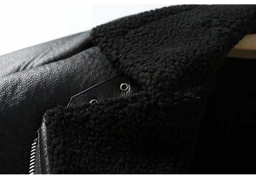 Women's Mid-length Lambswool Leather Motorcycle Jacket - European & American Winter Style