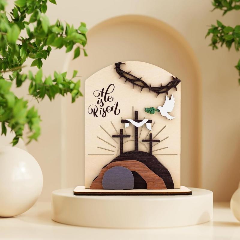 Easter Decorations He Is Risen 3D Wood Plaque Shelf Desk Tabletop Ornament Decor