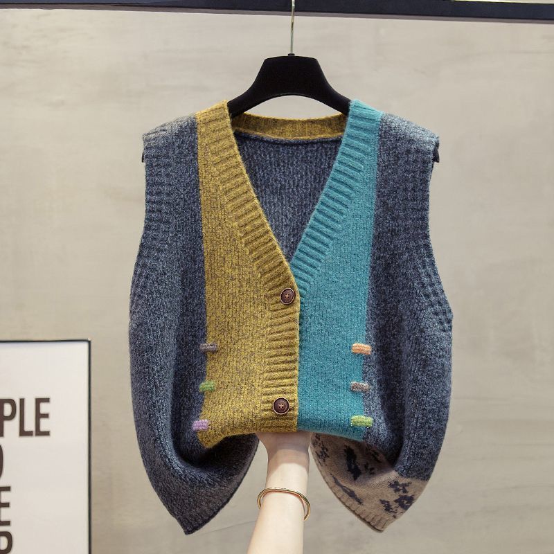 Damen Strickweste V-Ausschnitt Vintage Oberbekleidung Mode Ärmellose Weste Lässig Jugendliche Kleidung Knopf Damenpullover