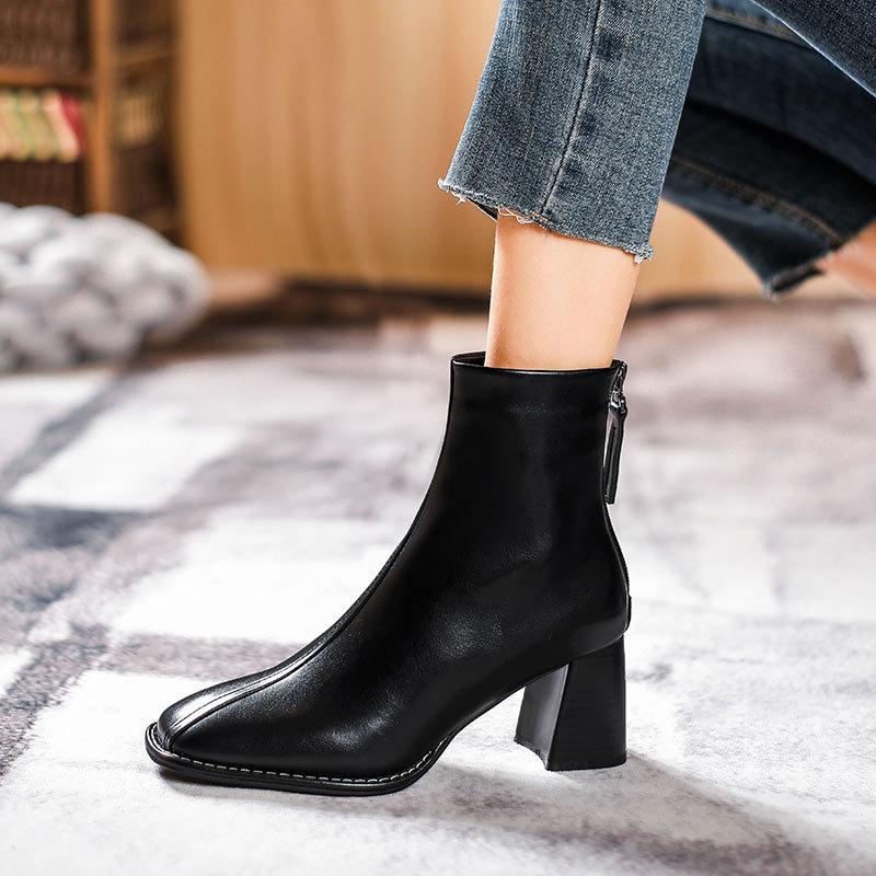 High-heeled short boots women's autumn and winter new women's boots square head thin boots thick heel medium tube Martin boots women's style