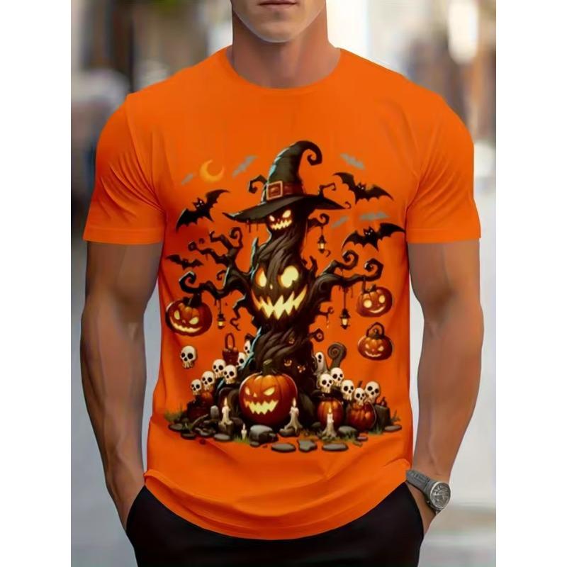 Herrenmode Halloween T-Shirt 3D Digitaldruck Horror Kürbis- und Totenkopfmuster Leuchtend Orange Lässiges Kurzarm-Oberteil