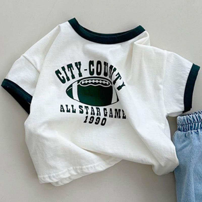 

Детская футболка с круглым вырезом, коротким рукавом и буквенным принтом в корейском стиле с узором для регби - Летняя мода унисекс 110 cm темно-зеленого