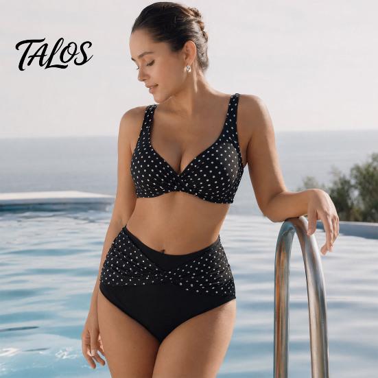 Vintage Style Swimsuit 2Pcs/Set Plus Size Bikini Set, Cross-Chest V-Neck Bra with Built-In Support, Photogenic Beach Outfit High-Waisted Twist