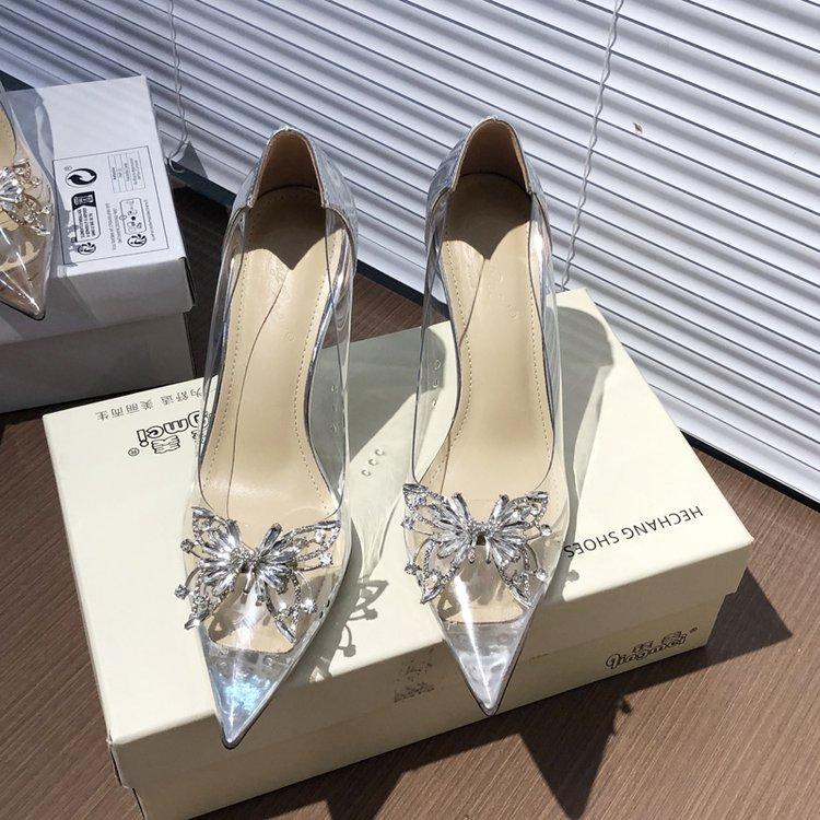 

[Youshilai] Transparent rhinestone butterfly high heels 2025 spring new sexy pointed stiletto shoes 34