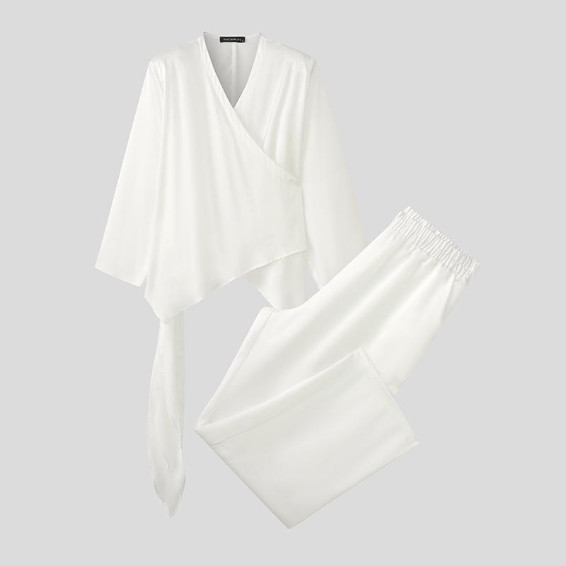 INCERUN 2PCS Men Long Sleeve Irregular TopsLong Straight Pants Sets Two Pieces Outfits