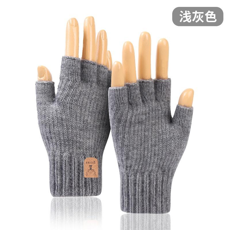 Thickened Half-finger Gloves Autumn and Winter Velvet Knitted Cold-proof and Warm Half-cut Writing Wool Leaking Finger Gloves