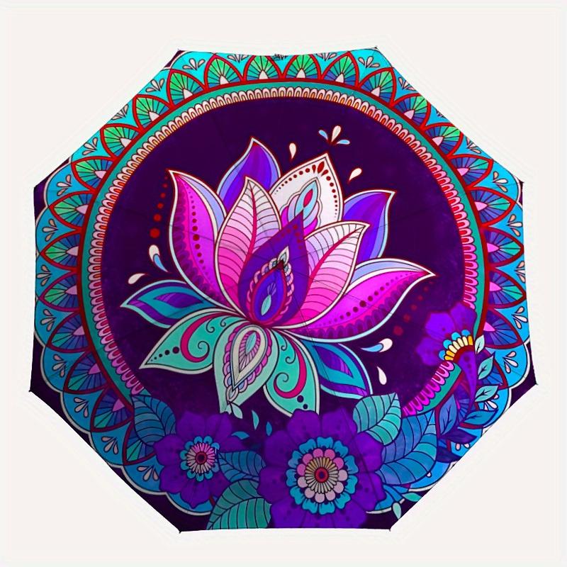 1pc Lotus Mandala Design Automatic Open/close Folding Umbrella, Compact Portable Travel Umbrella, Perfect Birthday/Christmas, Cute Umbrella,