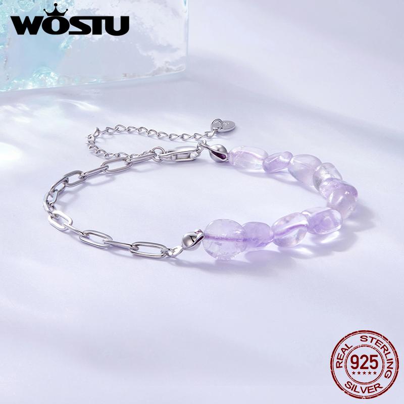 WOSTU 925 Sterling Silver Natural Blue Purple Crystal Charm Bracelet Mystical Natural Gems Chain Links Gift For Lover Family
