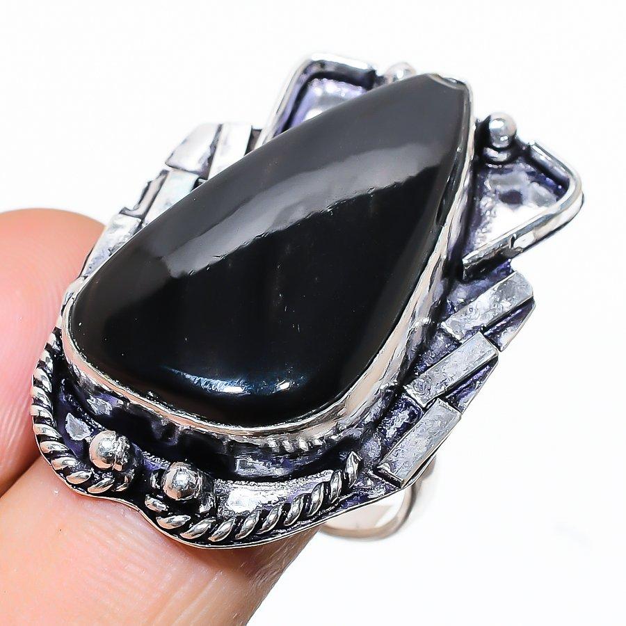Black Onyx Gemstone Handmade 925 Sterling Silver Jewelry Ring Size 8.5 SU-7146