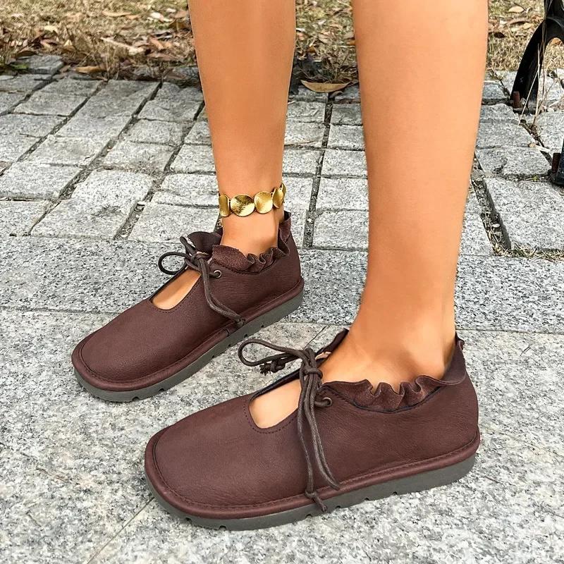 

Модная женская обувь в продаже 2025 Женские туфли на шнуровке Повседневные женские туфли с круглым носком Мягкая подошва Перфорированные Плоские туфли больших размеров Женские 42