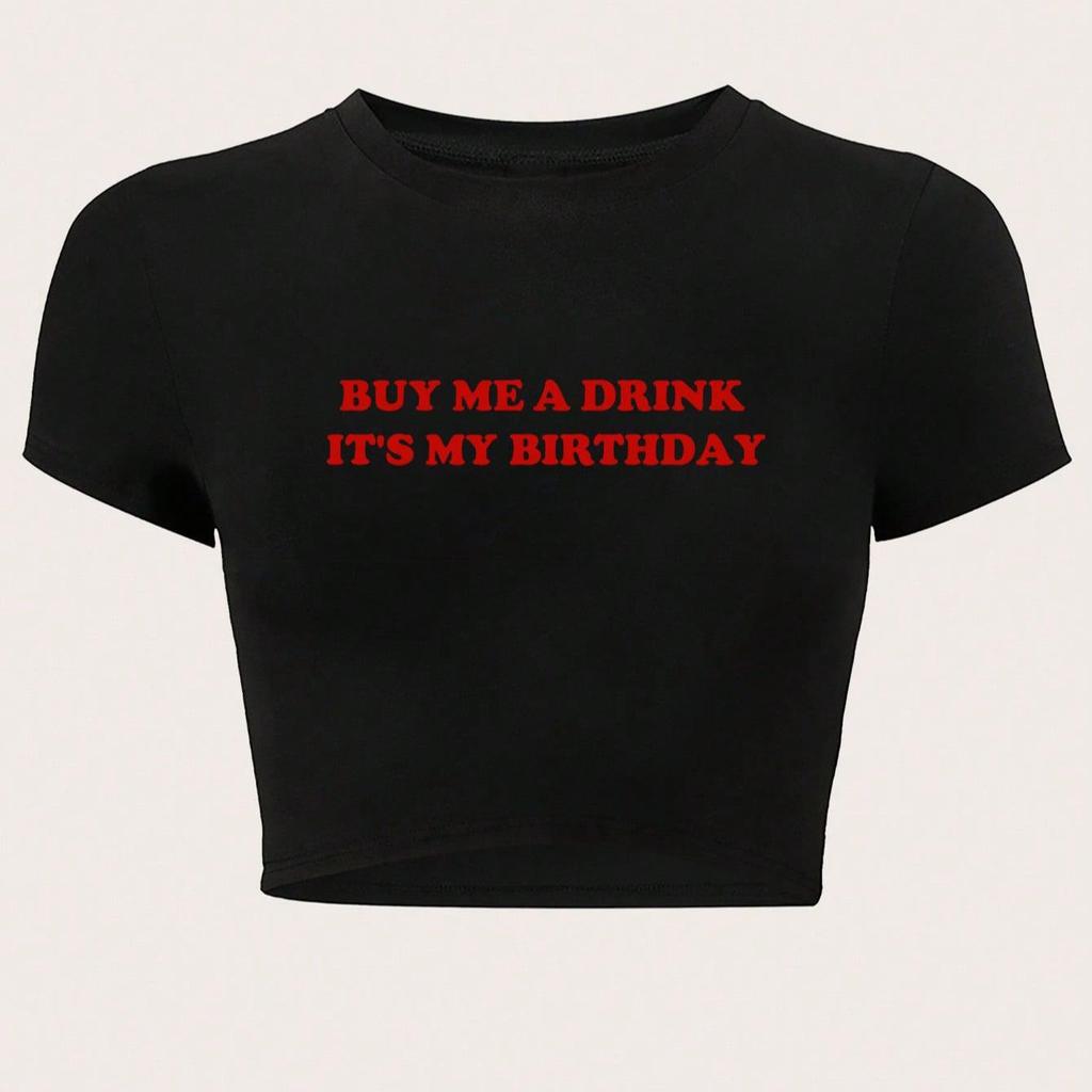 Trendy Cross-Border E-commerce Birthday Print Cropped T-shirt: Sexy Slim-Fit Short Sleeve Top