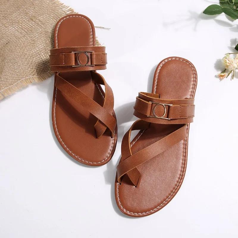 Modeschuhe für Damen 2024 Heißer Verkauf Zehensteg Damen Hausschuhe Sommer Rom Einfarbig Outdoor Lässig Strand Flach Bequem Große Größe Hausschuhe