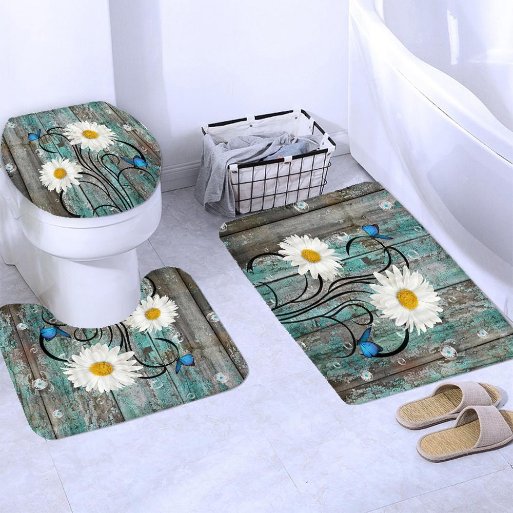 3D Butterfly Flower Fabric Waterproof Shower Curtain Bathroom Curtains Set Blue Pink Rose Non-Slip Rug Toilet Lid Cover Bath Mat