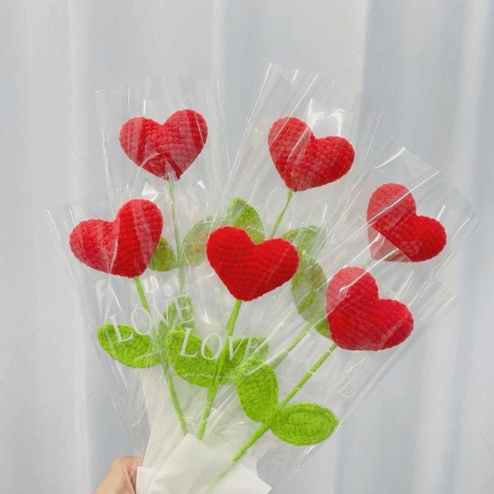 1pcs Red Heart Shaped Knitted Flower Knit Plant Valentine's Day Mothers Day Gift Crochet Flower Bouquet Home Decor Handmade