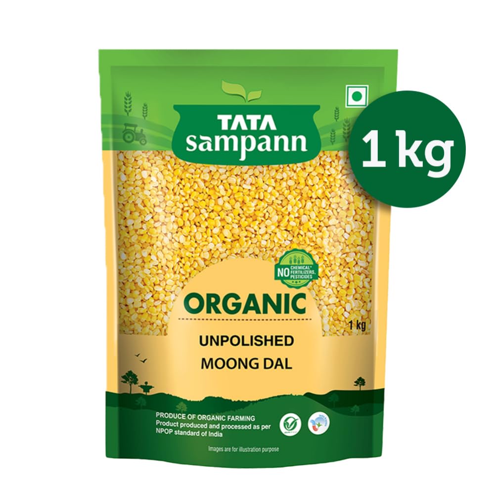 TATA Sampann Organic Unpolished Moong Dal 1kg Pack, High Protein Fiber Rich Lentils For Healthy Daily Meals