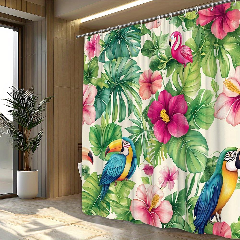 1 Stück Tropischer Dschungel Duschvorhang - Üppig Grüne Blätter, Rosa Hibiskusblüten, Farbenfrohe Tukane und Flamingos, Polyesterstoff