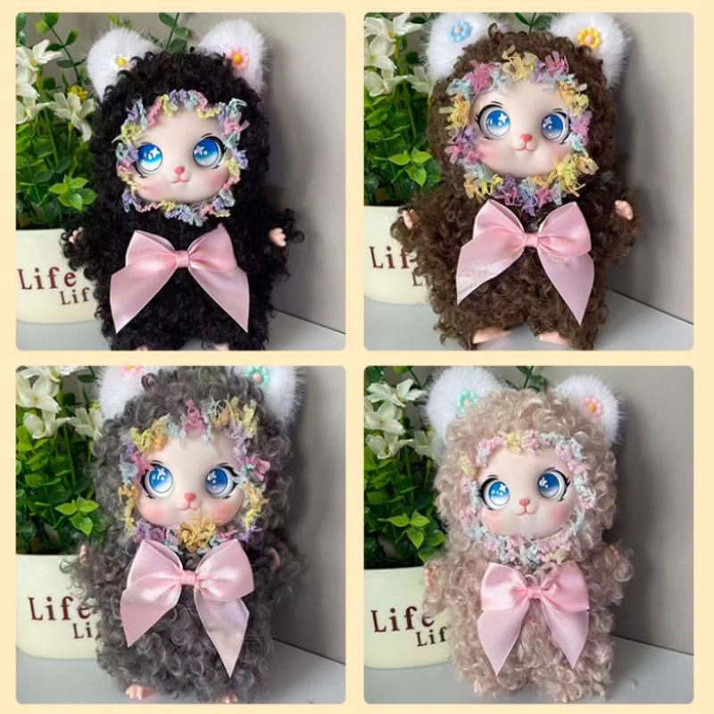 1Pcs Cute Curly Hair Plush Cat Doll Keychain Kawaii Flower Wreath Stuffed Toy With Bow For Bag Charm Kids Gift