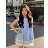 Japanese Academy Style Blue Plaid Sleeveless Dress with Lace Patchwork for Petite Women