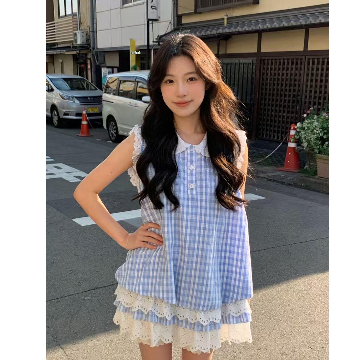 Japanese Academy Style Blue Plaid Sleeveless Dress with Lace Patchwork for Petite Women M