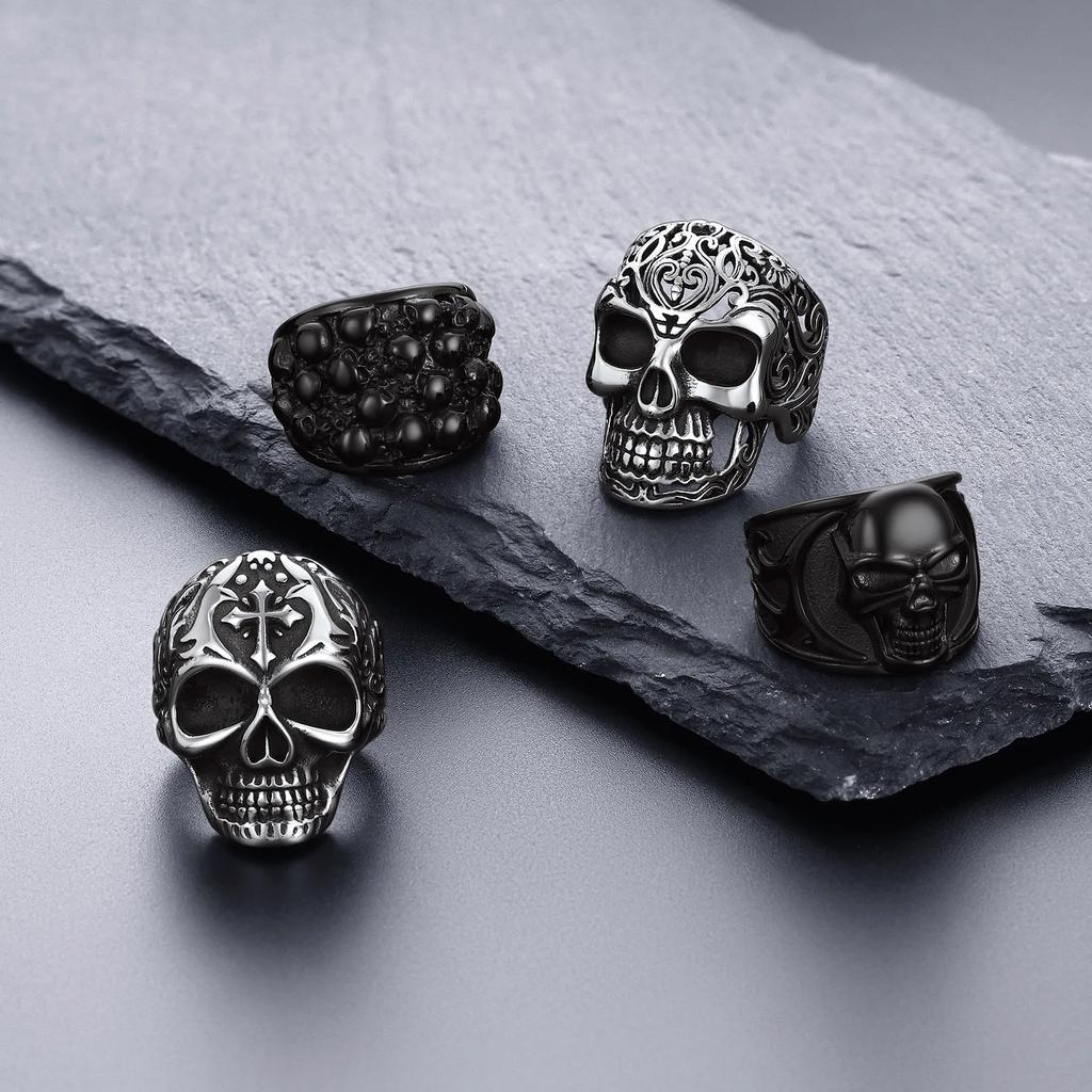 U7 Stainless Steel Big Skull Rings for Man Woman Size 7-14 Cross 3D Skeleton Cuban Chain Celtic Knot Pattern Gothic Punk Jewelry