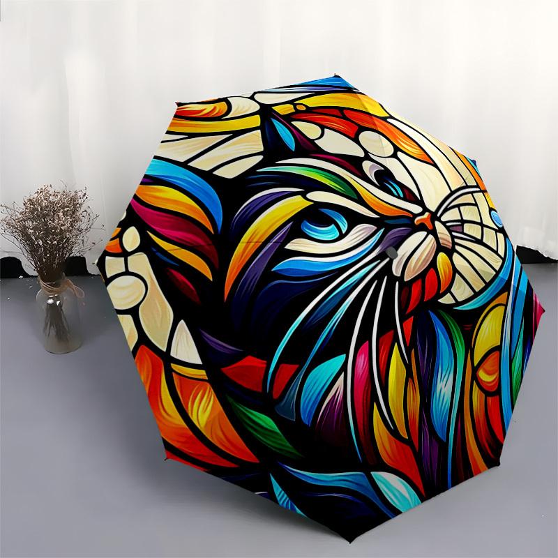 1pc Colorful Stained Glass Cat Design Automatic Opening Folding Umbrella - Portable 3-Fold Design with Iron Frame, Perfect for Outdoor Use, Festive Gi