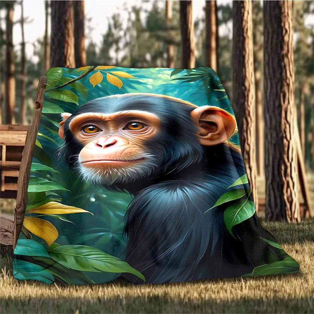 1pc Chimpanzee Print Throw Blanket Polyester Fiber, Lightweight Flannel, Soft & Warm, All Season Use for Outdoor, Camping Digital Print
