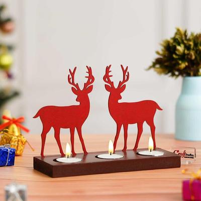 Reindeer Showpiece Decorative Tea Light Candle Holders (Wooden, Red) | Christmas Decoration Items for Home Office | Christmas Ornaments Props