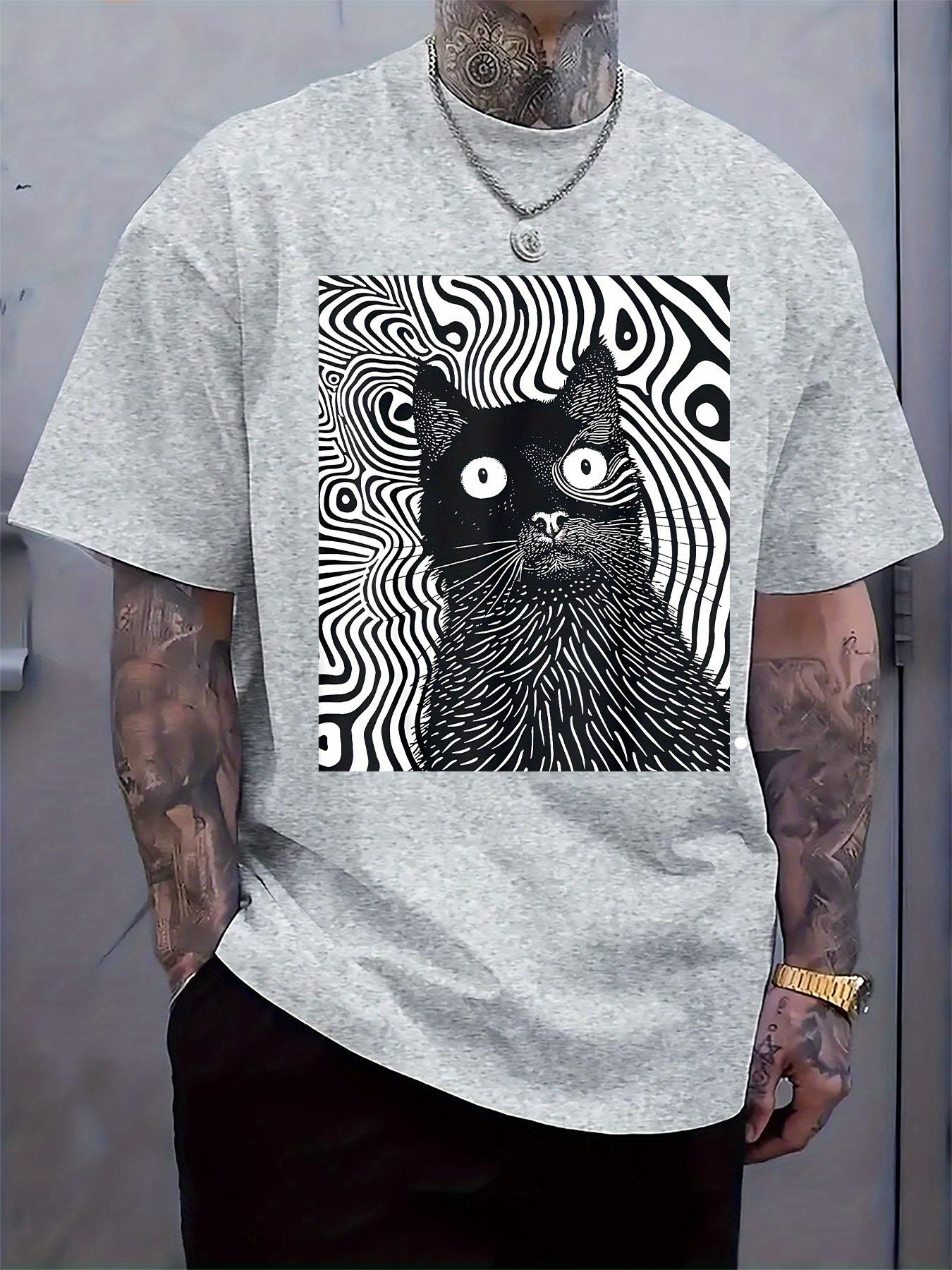 Psychedelic Black Cat Print T-shirt - Casual Crew Neck Short Sleeve Tee with Vibrant Design S