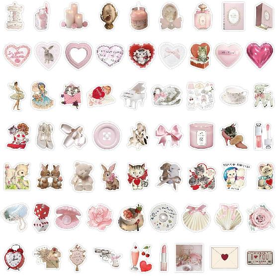 60 szt. Naklejki Coquette Urocze Winylowe Naklejki na Laptop, Wodoodporne Estetyczne Naklejki, Różowy Zestaw Naklejek dla Dziewczyn Butelki na Wodę Laptop Komputer Telefon