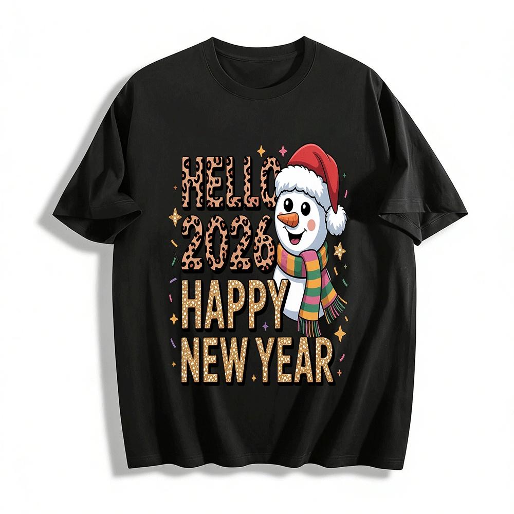 Happy New Year 2026 Black Gold Luxury Print Casual Top Pure cotton T-shirt XXS