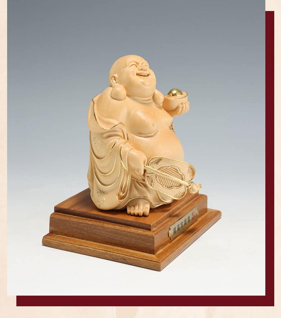 Wooden Buddha Hotei carved cypress wood 15cm x width good luck charm statue, figurine, high-quality (height 11cm),