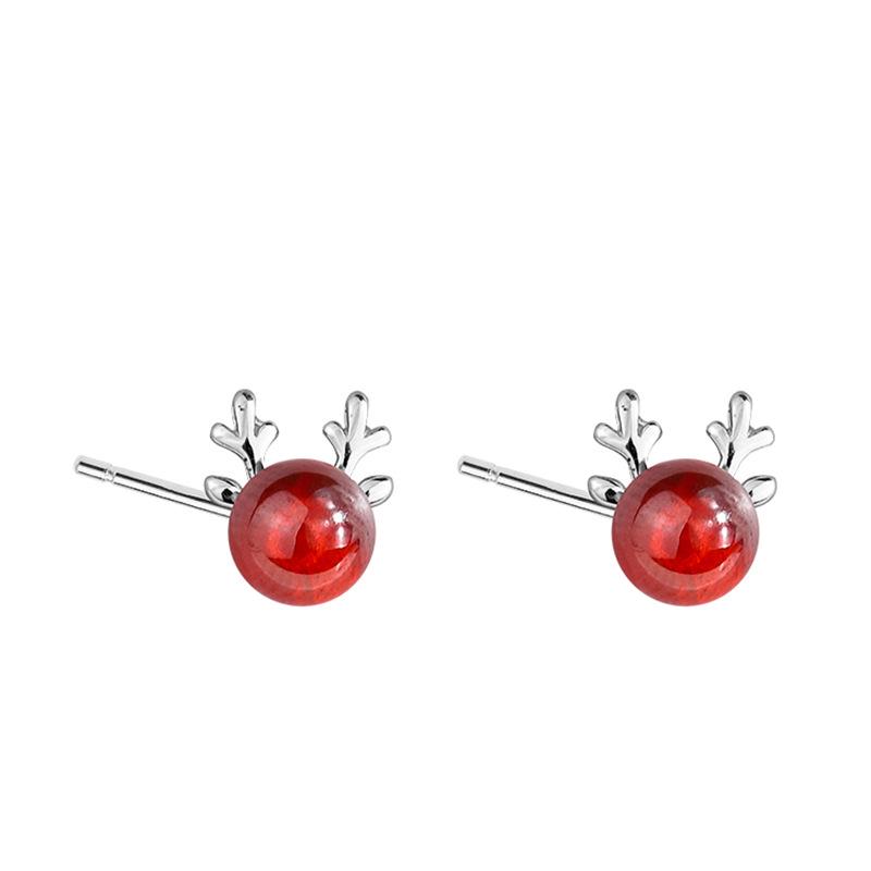 S925 Sterling Silver Garnet Reindeer Antler Stud Earrings - Cute Christmas Gift with Japanese and Korean Girlish Style