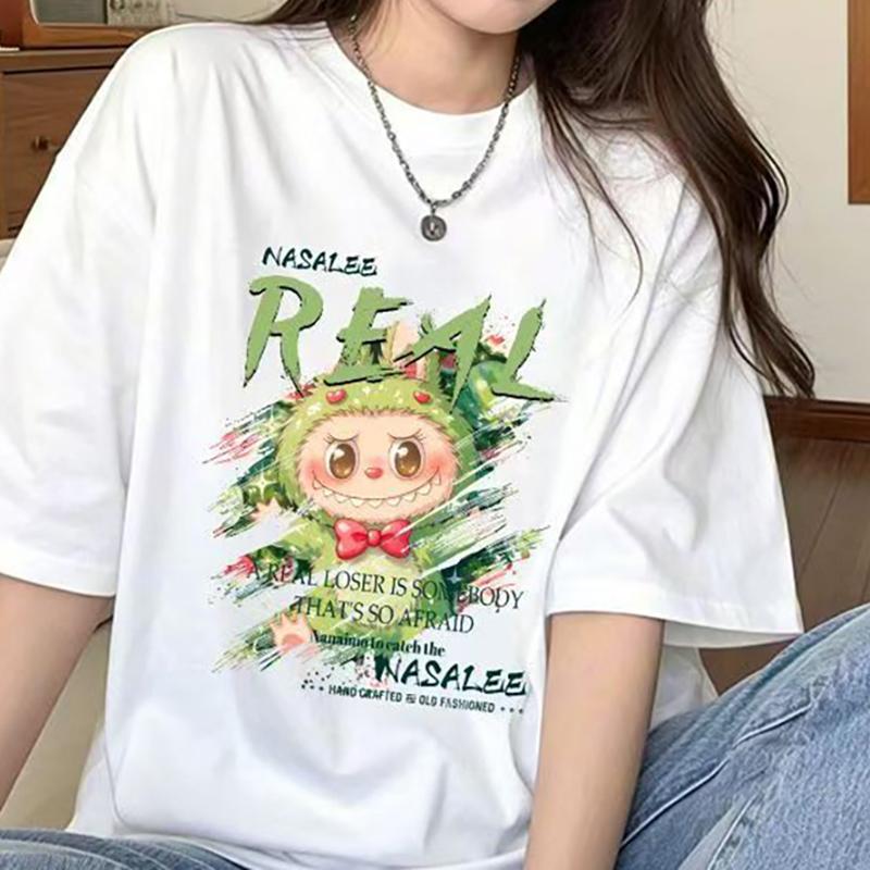 Hot Summer Labubu Print Women Short Sleeve T-shirt Casual Fashion Clothing Girl Cartoon Cute Anime Printed Tops