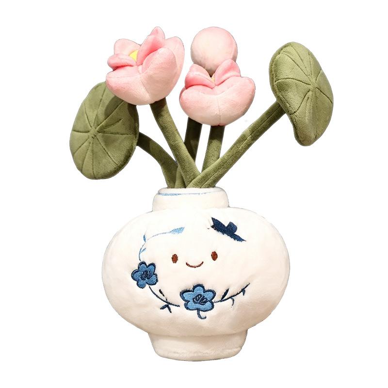 Blue and Porcelain Plush Toy with Removable Flower Bouquet