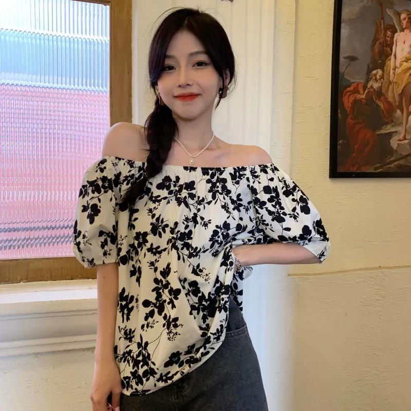 Jednodílný top s výstřihem, květinová šifonová košile, dámské tričko, volné, odhalující ramena, krátký rukáv