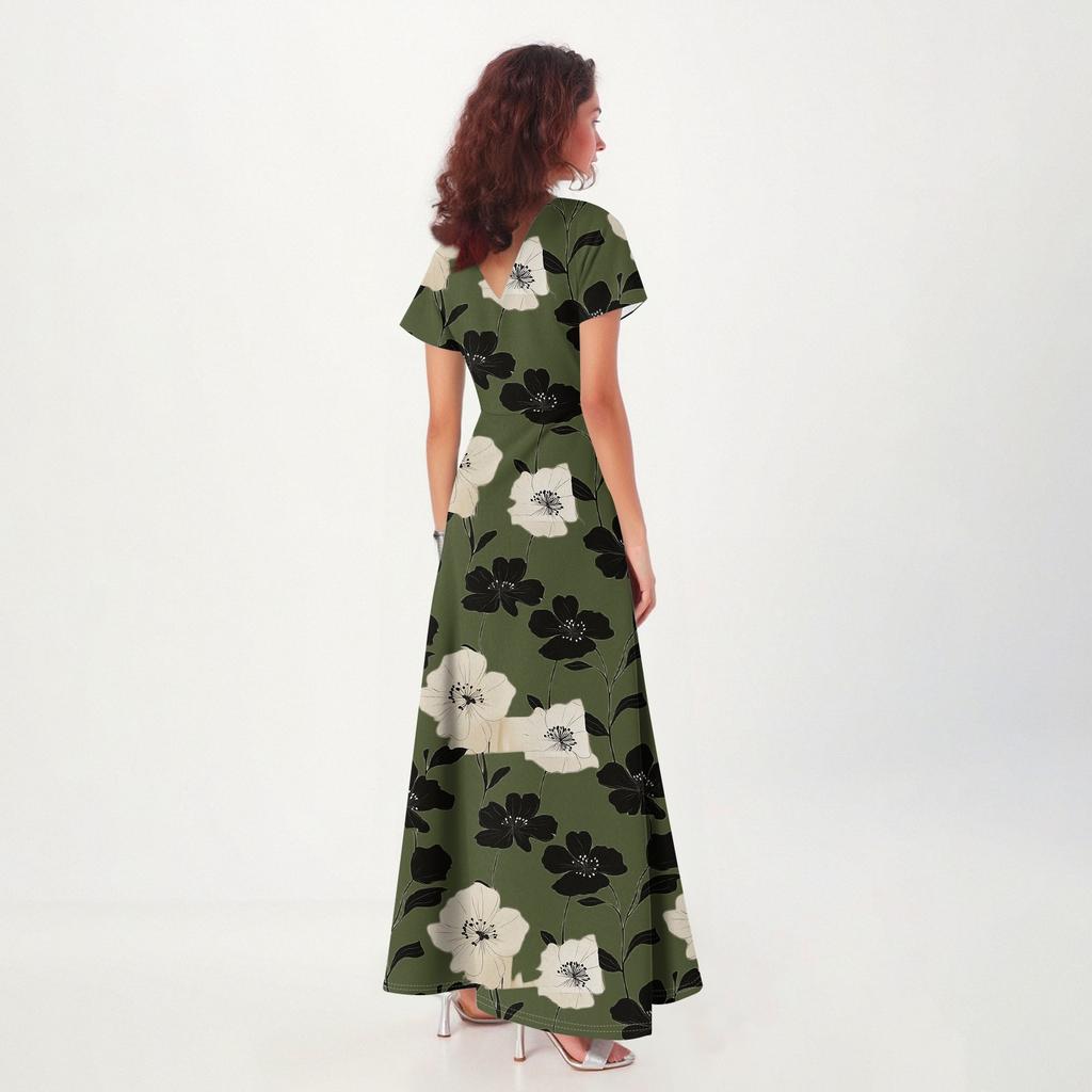 Lässiges Damenkleid mit V-Ausschnitt, kurzen Ärmeln und hoher Taille, Retro-Blumenblatt-Print