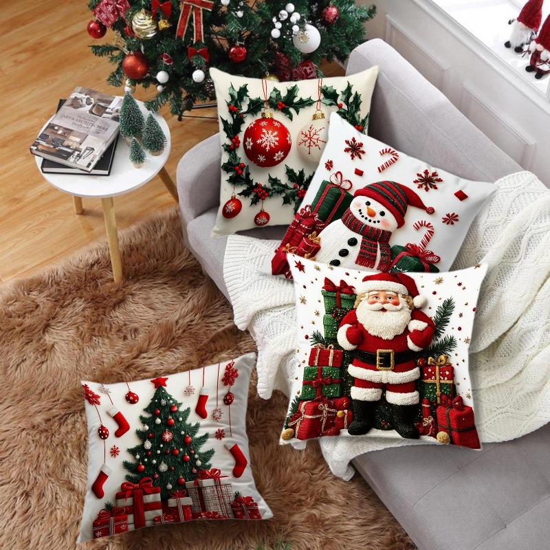 Linen Plush Cartoon Snowman Print Throw Pillowcase Santa Cluas Xmas Merry Christmas Decor Happy New Year Short Plush Mate