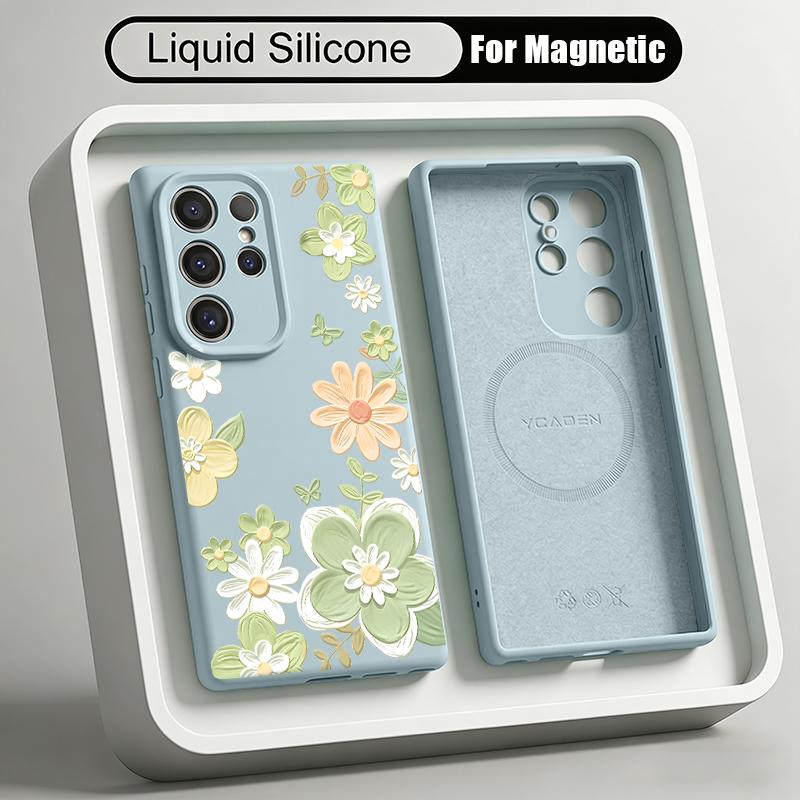 Cartoon Flowers Print Case For Samsung Galaxy S26 S25 Ultra S24 Plus S23 S22 Ultra Magnetic For Magsafe Liquid Silicone Cover