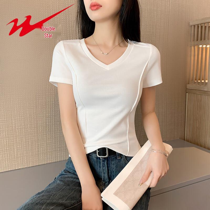Shuangxing Women s V-Neck Ribbed Slim Fit T-Shirt XL