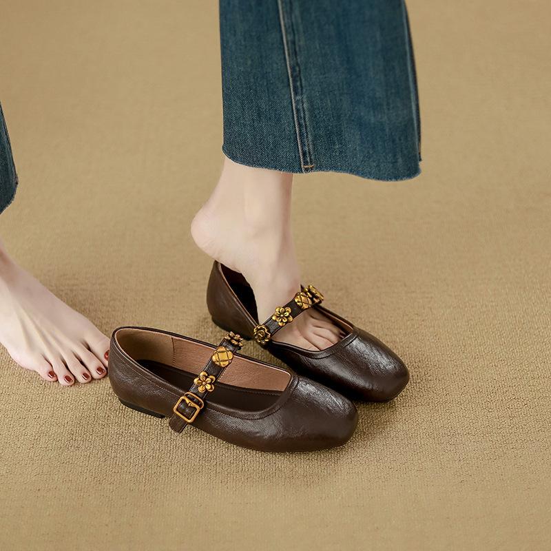 Sheepskin version~ Genuine leather flat-bottomed retro word with Mary Jane shoes, women's square head shallow mouth single shoes, small leather shoes
