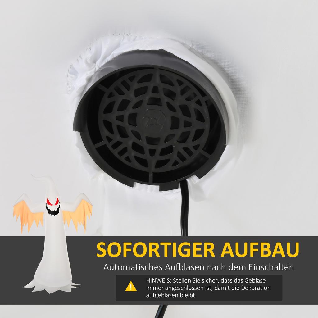 Halloweenový nafukovací duch 2,4 m Dekorace s LED IP44 Samonafukovací Polyester Bílá + Červená 150 x 80 x 240 cm