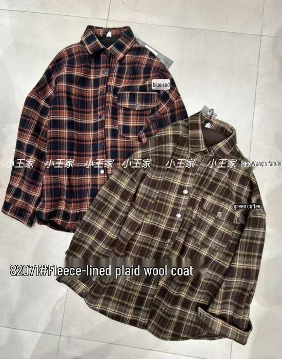 

Пальто-рубашка в клетку в корейском стиле из толстого плюша от Сяо Вана для зимы, больших размеров One Size красный/синий