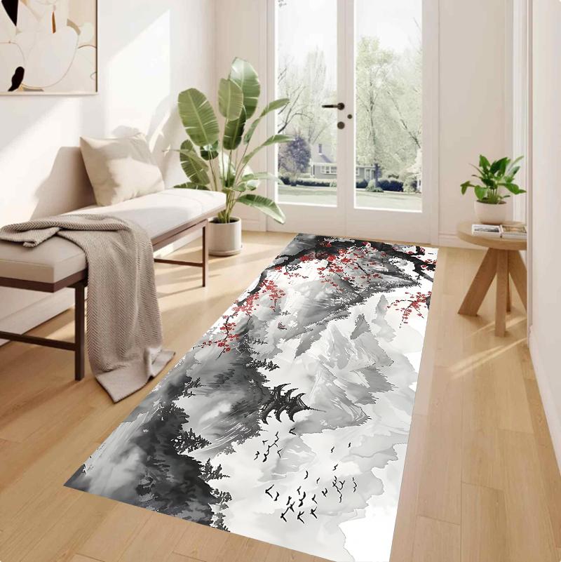 Ink Plum Blossom Long Runner Rug Collection Non Slip Wear Resistant Soft Washable Hallway Kitchen Laundry Room Decor Rug